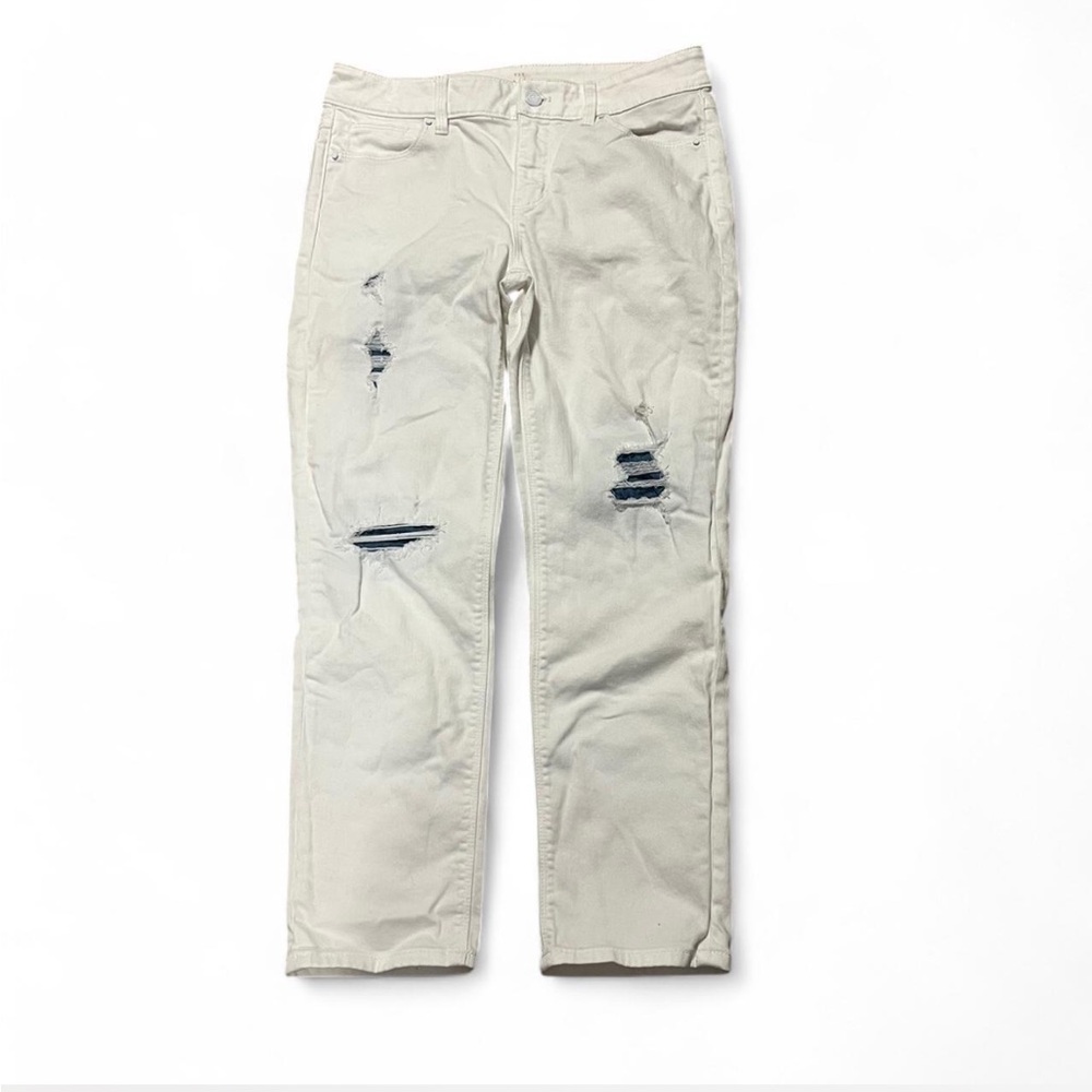 White House Black Market White Distressed The Straight Leg Blue Patch Jeans Sz 2